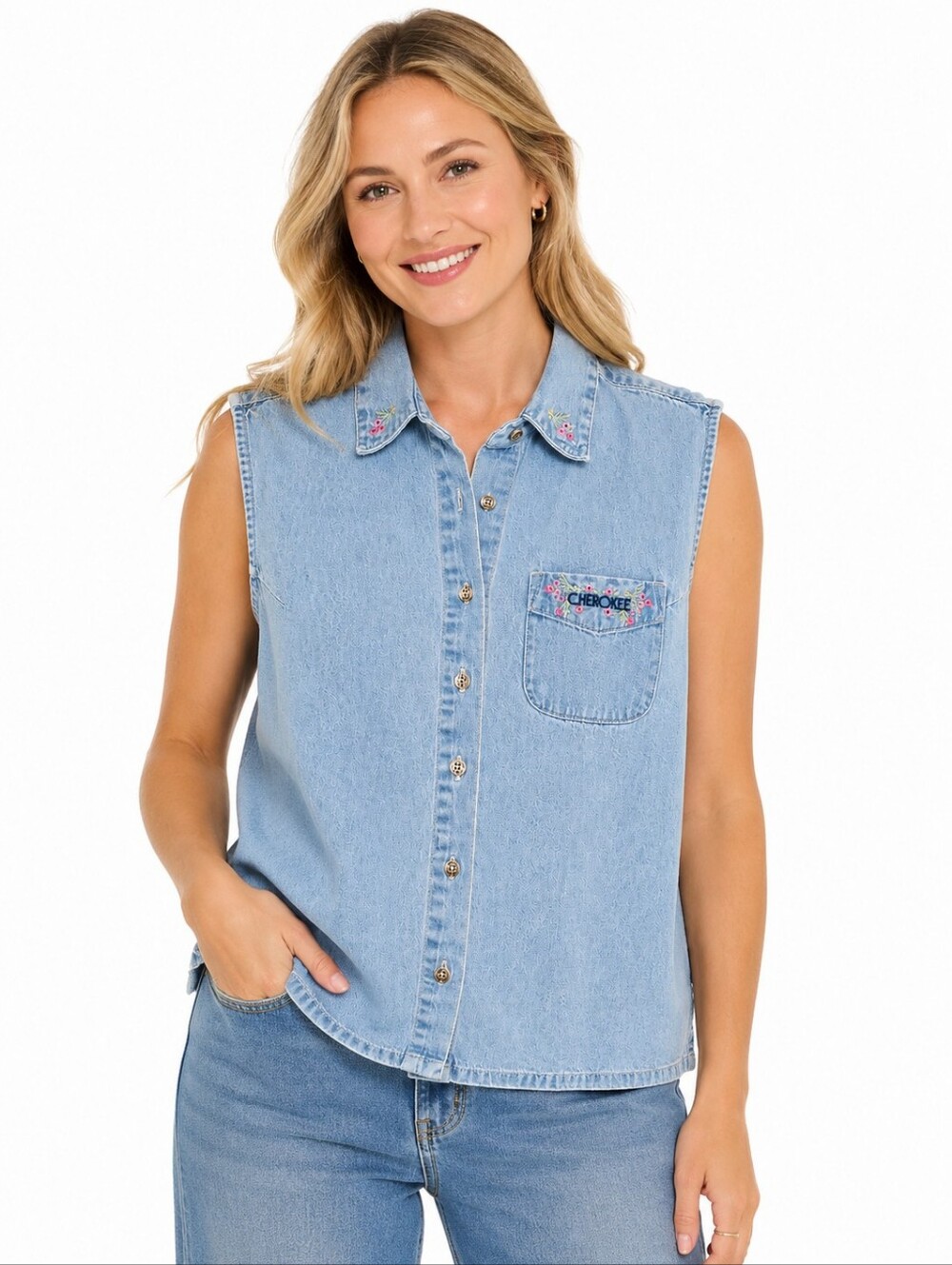 🌸 Cherokee Embroidered Denim Sleeveless Top | Women's Large